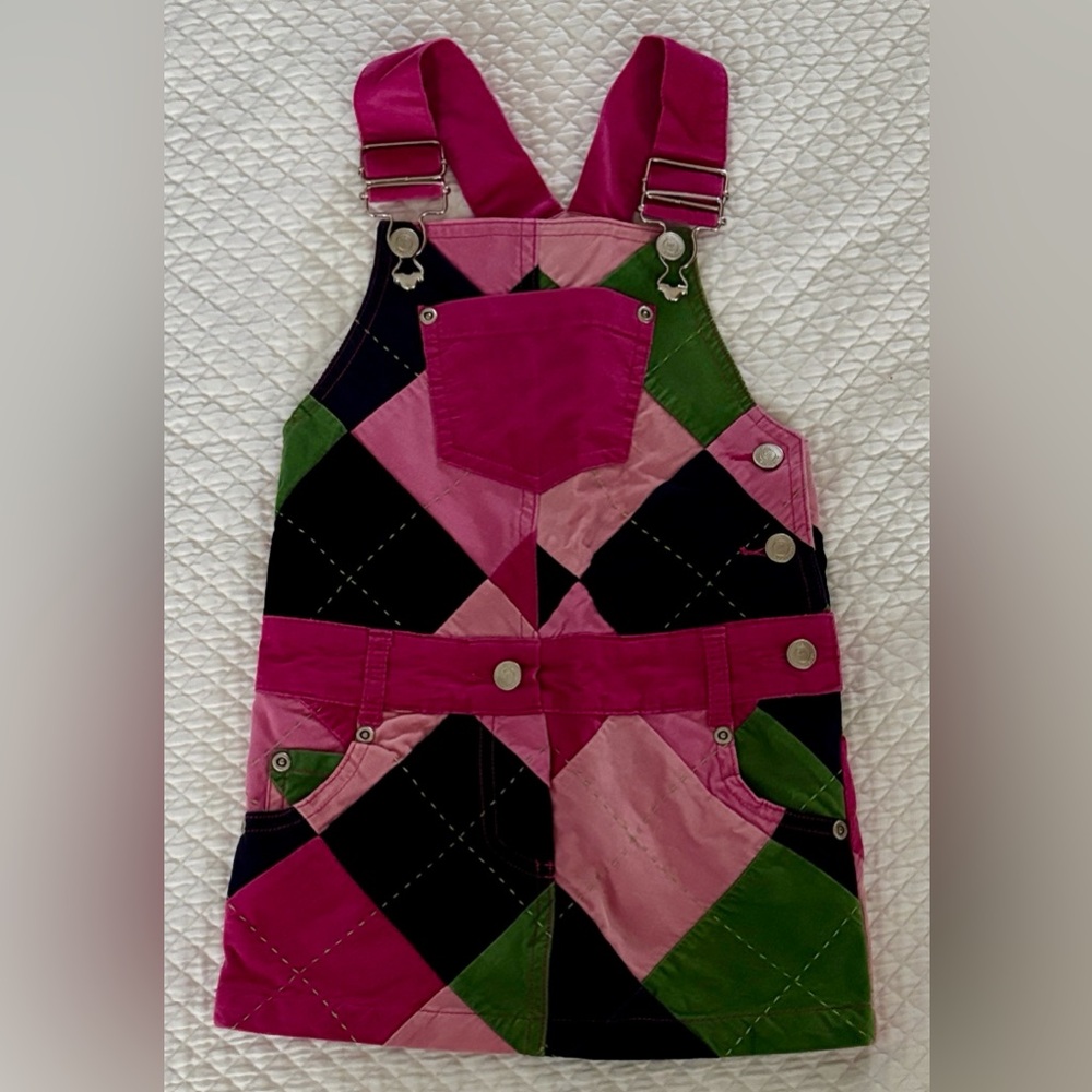 Girls Patchwork Pinafore Dress - Pink, Black & Green
